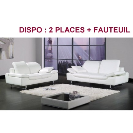 Ensemble : canapé 2 places + fauteuil en cuir supérieur luxe haut de gamme italien, TORINO, blanc