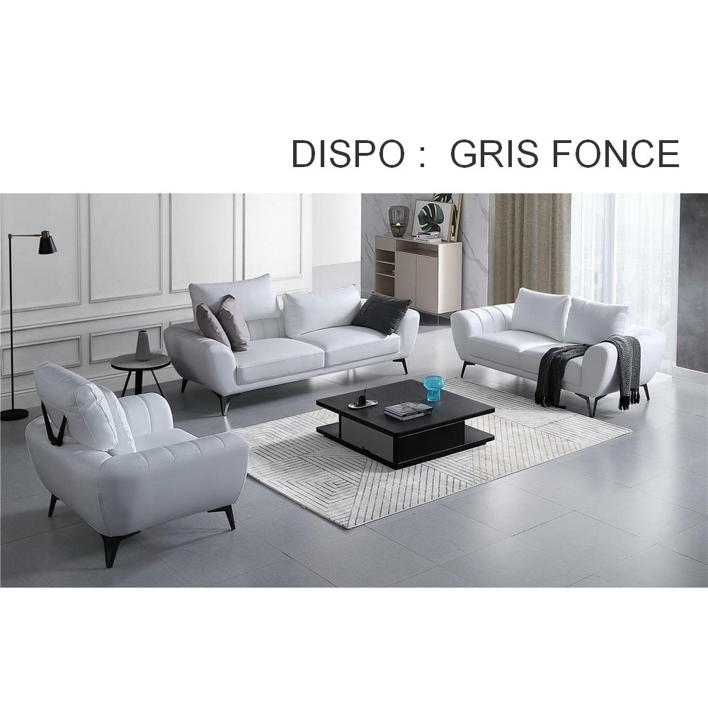 Ensemble canapé 3 places et 2 places et fauteuil en cuir italien vachette ALBERTO, couleur GRIS FONCE Ensemble canapé 3 places et 2 places et fauteuil en cuir italien vachette ALBERTO, couleur GRIS FONCE