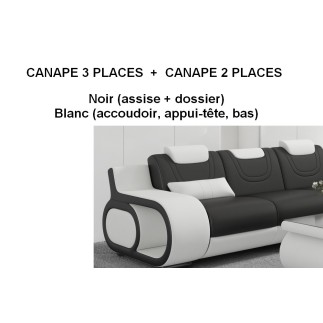 Ensemble canapé 3 places et 2 places en cuir italien vachette BOLOGNE, couleur noir et blanc blanc