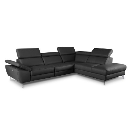 Canapé d'angle relax en 100% tout cuir épais de luxe italien avec relax électrique, 5/6 places KASTER, noir, angle droit