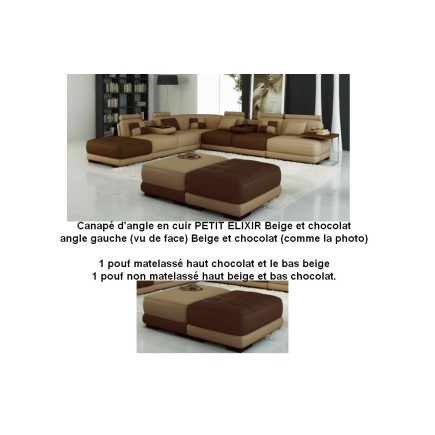 Canapé d'angle en cuir 6/7 places petit elixir, beige et chocolat, angle gauche, 1 pouf cuir matelassé chocolat/beige, 1 pouf no