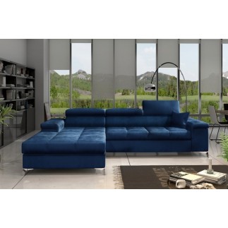 Canapé d'angle convertible en velours luxe 5 places, RICHARD, bleu, angle gauche