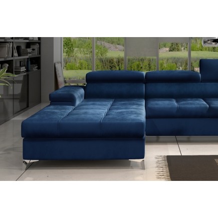 Canapé d'angle convertible en velours luxe 5 places, RICHARD, bleu, angle gauche