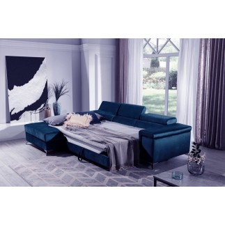 Canapé d'angle convertible en velours luxe 5 places, RICHARD, bleu, angle gauche