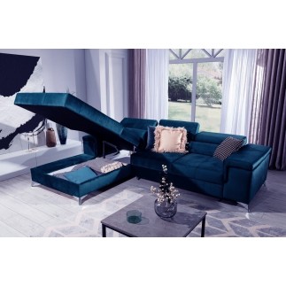 Canapé d'angle convertible en velours luxe 5 places, RICHARD, bleu, angle gauche