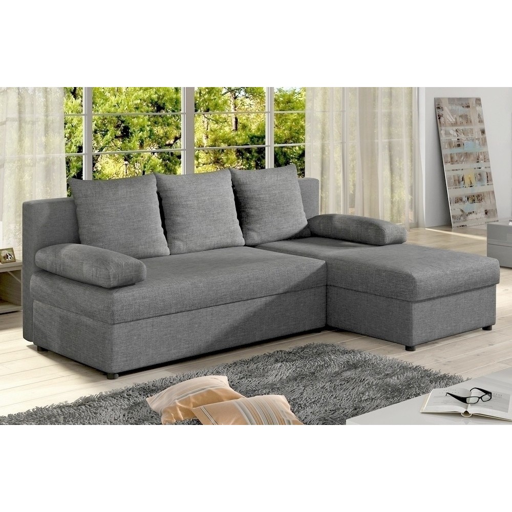 Canapé d'angle convertible - GILO - en tissu luxe 3/4 places, gris, angle droit (vu de face) Canapé d'angle convertible - GILO - en tissu luxe 3/4 places, gris, angle droit (vu de face)