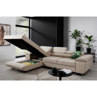 Canapé d'angle convertible ARMEL en tissu luxe 5 places, beige clair, avec coffre, angle gauche (vu de face)