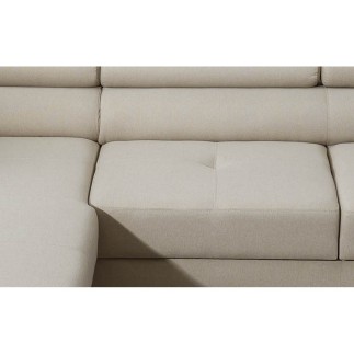 Canapé d'angle convertible ARMEL en tissu luxe 5 places, beige clair, avec coffre, angle gauche (vu de face)