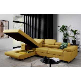 Canapé d'angle convertible ARMEL en tissu luxe 5 places, jaune moutarde, avec coffre, angle gauche (vu de face)