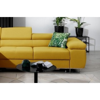 Canapé d'angle convertible ARMEL en tissu luxe 5 places, jaune moutarde, avec coffre, angle gauche (vu de face)
