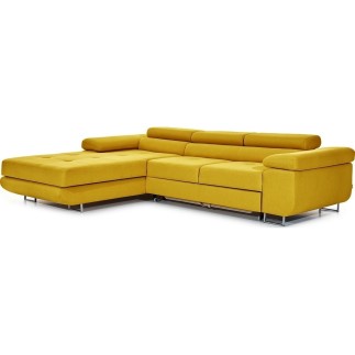Canapé d'angle convertible ARMEL en tissu luxe 5 places, jaune moutarde, avec coffre, angle gauche (vu de face)
