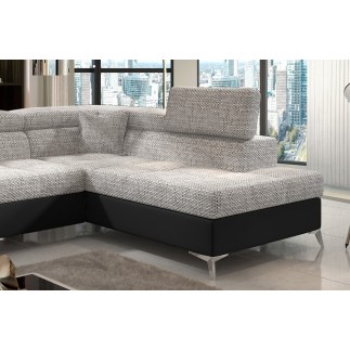 Canapé d'angle convertible - ERMAN - en tissu et simili 5 places, gris et noir, angle droit (vu de face)