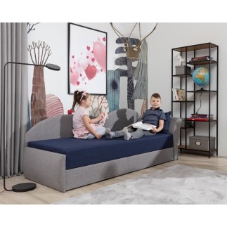 Banquette lit gigogne en tissu de qualité bicolore noir et gris-vert, angle droit- AGATA