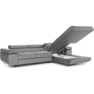 Canapé d'angle convertible ARMEL en velours luxe 5 places, couleur gris, avec coffre, angle droit (vu de face)
