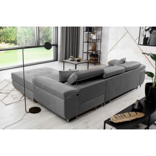 Canapé d'angle convertible ARMEL en velours luxe 5 places, couleur gris, avec coffre, angle droit (vu de face)