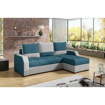 Canapé d'angle convertible - ARTE - en tissu de qualité - turquoise et gris, 3/4 places, angle droit (vu de face)