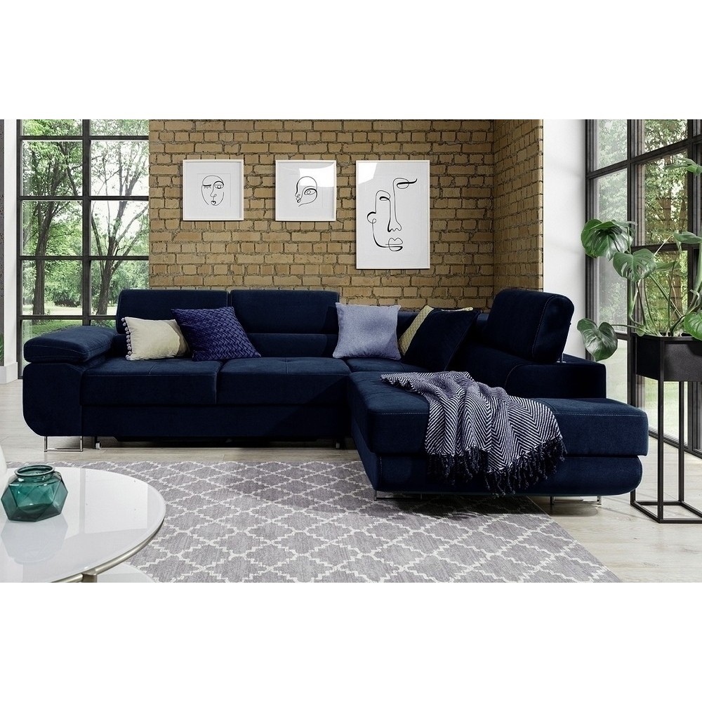 Canapé d'angle convertible en tissu velours luxe 5 places, ANNECY VELOURS, couleur bleu foncé, angle droit (vu de face) Canapé d'angle convertible en tissu velours luxe 5 places, ANNECY VELOURS, couleur bleu foncé, angle droit (vu de face)