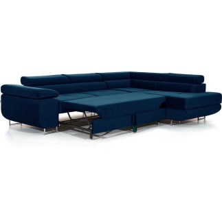 Canapé d'angle convertible en tissu velours luxe 5 places, ANNECY VELOURS, couleur bleu foncé, angle droit (vu de face)