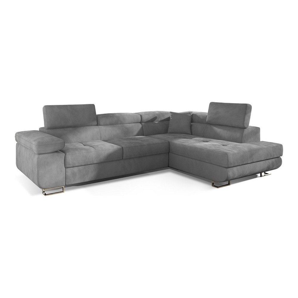 Canapé d'angle convertible en tissu velours luxe 5 places, ANNECY VELOURS, couleur gris clair, angle droit (vu de face) Canapé d'angle convertible en tissu velours luxe 5 places, ANNECY VELOURS, couleur gris clair, angle droit (vu de face)