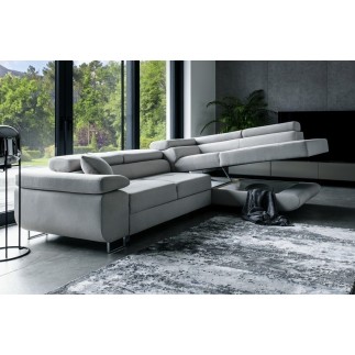 Canapé d'angle convertible en tissu velours luxe 5 places, ANNECY VELOURS, couleur gris clair, angle droit (vu de face)