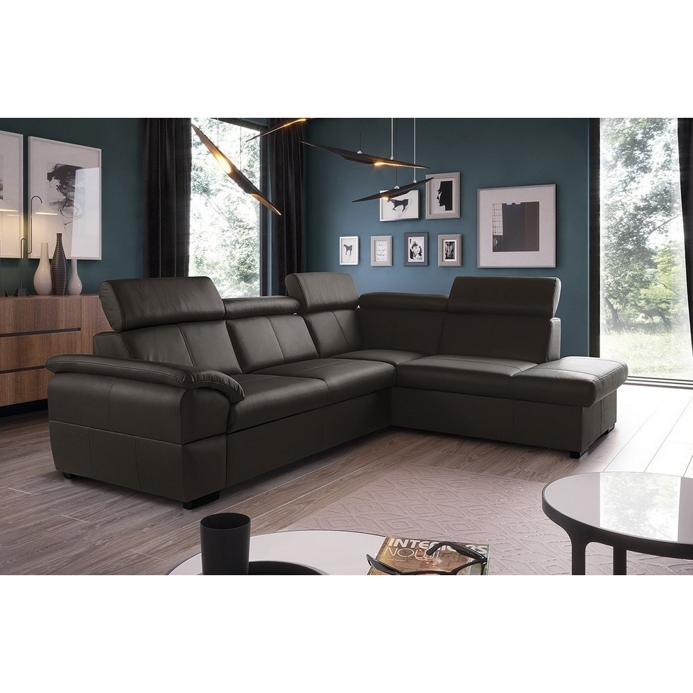 Canapé d'angle convertible en cuir italien de luxe 5/6 places TONY, avec coffre, chocolat, angle droit Canapé d'angle convertible en cuir italien de luxe 5/6 places TONY, avec coffre, chocolat, angle droit