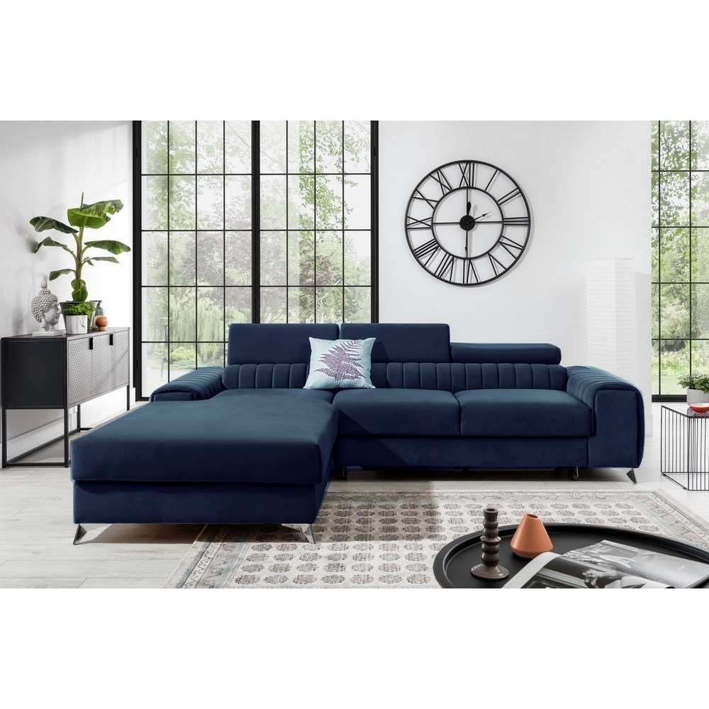 - Canapé d'angle convertible en tissu velours Luxe bleu, 5 places, angle gauche (vu de face) - GRECE VELOURS - Canapé d'angle convertible en tissu velours Luxe bleu, 5 places, angle gauche (vu de face) - GRECE VELOURS