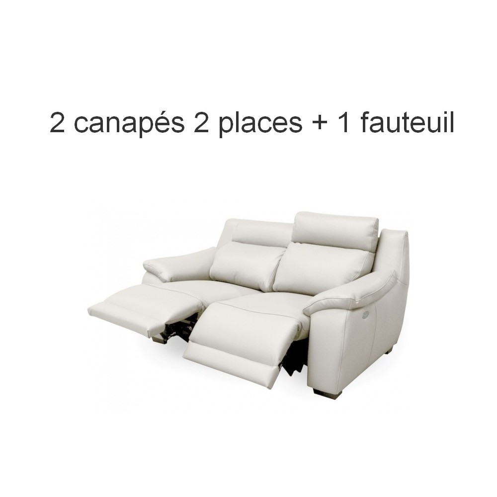 Ensemble composé de 2 canapé 2 places et d'un fauteuil, au total 5 relax électriques, en 100% tout cuir épais luxe italien grain