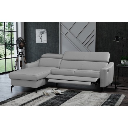- Canapé d'angle relax en cuir de luxe italien avec relax électrique et coffre, AMBERT, gris clair, angle gauche