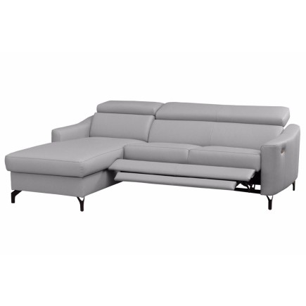 - Canapé d'angle relax en cuir de luxe italien avec relax électrique et coffre, AMBERT, gris clair, angle gauche, 4 places