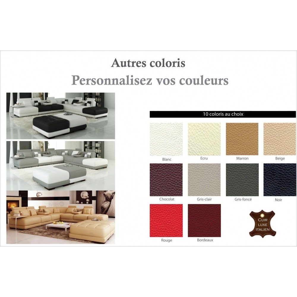 Canapé d'angle en cuir 7/8 places ELIXIR, couleurs personnalisées, angle droit, Petite table bout de canapé offerte Canapé d'angle en cuir 7/8 places ELIXIR, couleurs personnalisées, angle droit, Petite table bout de canapé offerte
