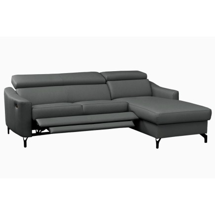 Canapé d'angle relax en cuir de luxe italien avec relax électrique et coffre, AMBERT, gris foncé, angle droit