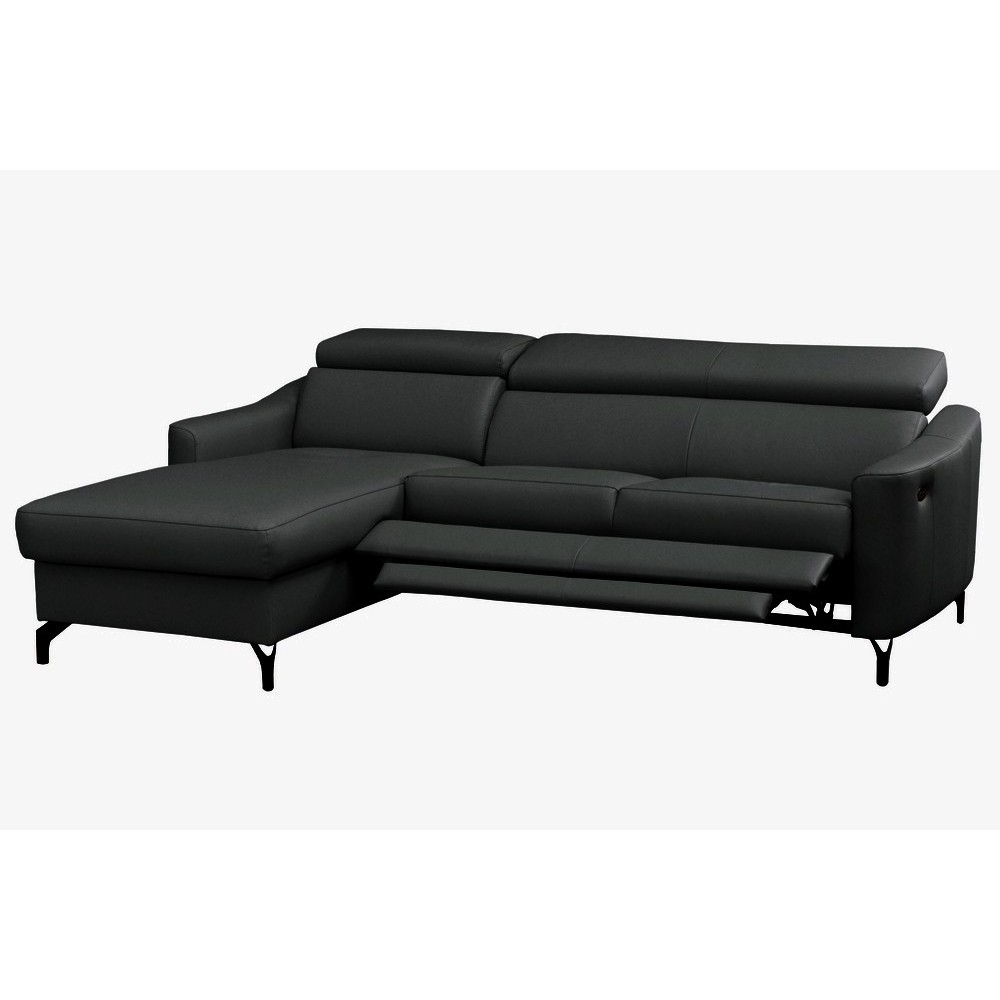 Canapé d'angle relax en cuir de luxe italien avec relax électrique et coffre, AMBERT, noir, angle gauche, 4 places