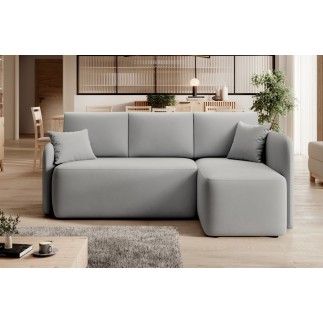 Canapé d'angle convertible HARRY en velours luxe 3/4 places, gris, angle droit (vu de face)