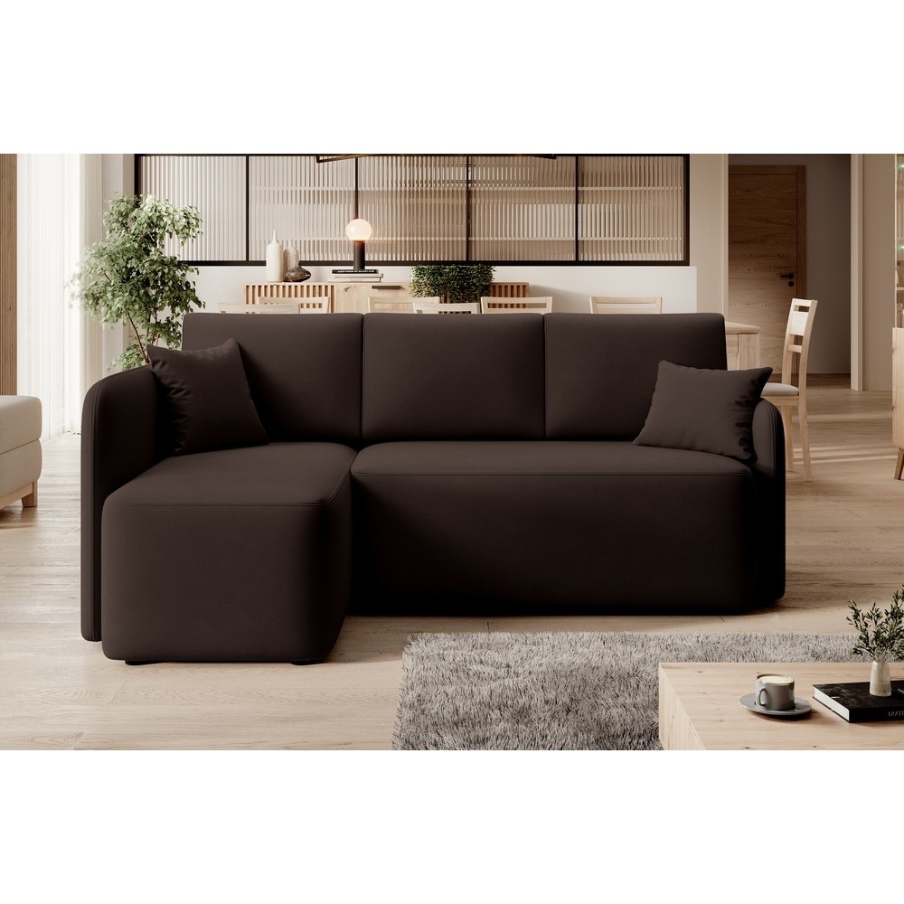 Canapé d'angle convertible HARRY en velours luxe - 3/4 places, chocolat, angle gauche (vu de face) Canapé d'angle convertible HARRY en velours luxe - 3/4 places, chocolat, angle gauche (vu de face)
