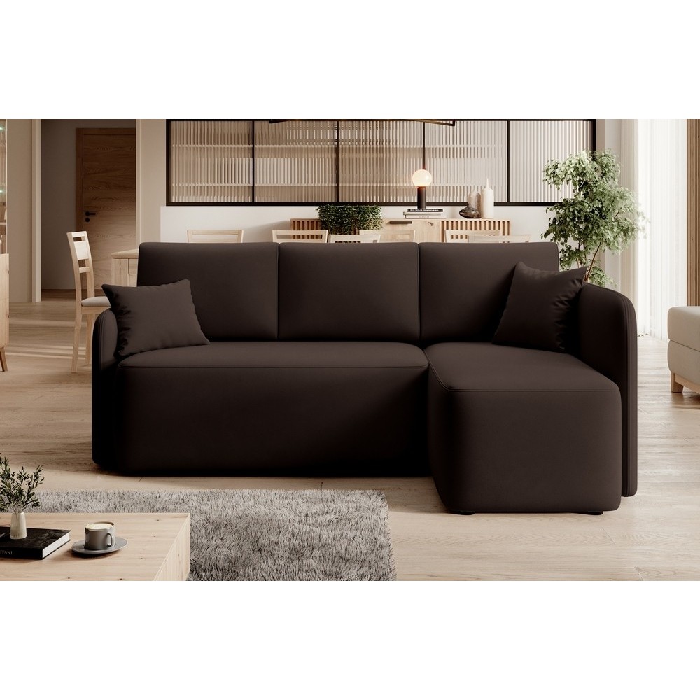 Canapé d'angle convertible HARRY en velours luxe 3/4 places, chocolat, angle droit (vu de face) Canapé d'angle convertible HARRY en velours luxe 3/4 places, chocolat, angle droit (vu de face)