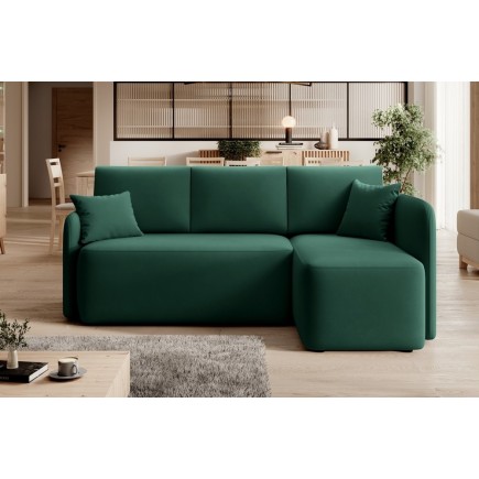 Canapé d'angle convertible HARRY en velours luxe 3/4 places, vert, angle droit (vu de face)