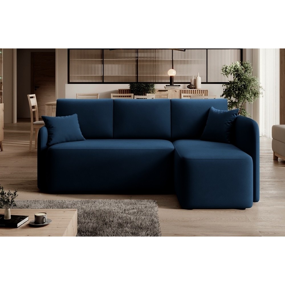 Canapé d'angle convertible HARRY en velours luxe 3/4 places, bleu, angle droit (vu de face) Canapé d'angle convertible HARRY en velours luxe 3/4 places, bleu, angle droit (vu de face)