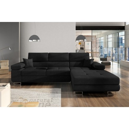 Canapé d'angle convertible ARMEL en tissu luxe 5 places, noir, avec coffre, angle droit (vu de face)