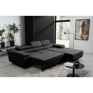 Canapé d'angle convertible ARMEL en tissu luxe 5 places, noir, avec coffre, angle droit (vu de face)