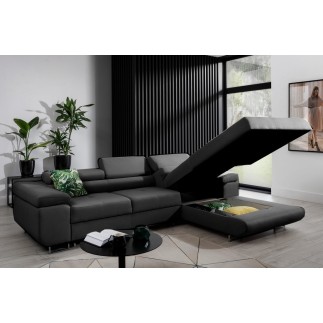 Canapé d'angle convertible ARMEL en tissu luxe 5 places, noir, avec coffre, angle droit (vu de face)