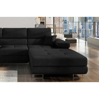 Canapé d'angle convertible ARMEL en tissu luxe 5 places, noir, avec coffre, angle droit (vu de face)