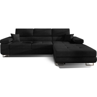 Canapé d'angle convertible ARMEL en tissu luxe 5 places, noir, avec coffre, angle droit (vu de face)