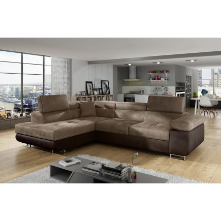 Canapé d'angle convertible en tissu velours luxe 5 places, avec coffre, marron et chocolat, angle gauche (vu de face), ANNECY VE