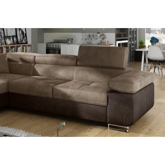 Canapé d'angle convertible en tissu velours luxe 5 places, avec coffre, marron et chocolat, angle gauche (vu de face), ANNECY VE
