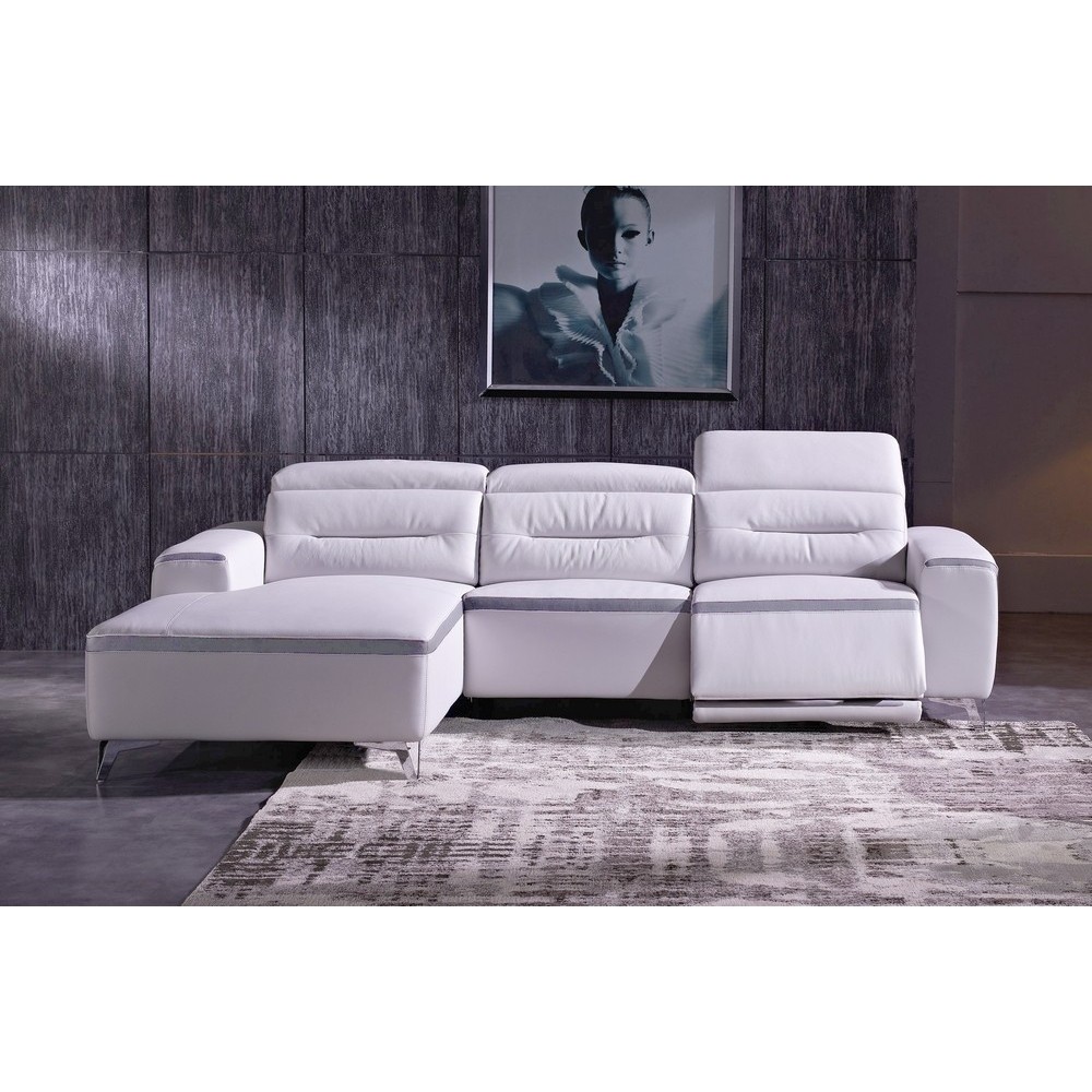 Canapé d'angle relax en cuir buffle italien de luxe FUNRELAX, blanc et bande gris clair, angle gauche, 5 places Canapé d'angle relax en cuir buffle italien de luxe FUNRELAX, blanc et bande gris clair, angle gauche, 5 places