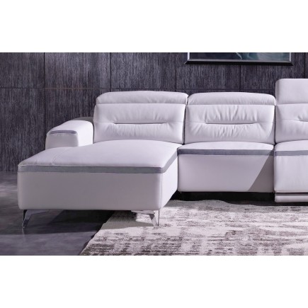 Canapé d'angle relax en cuir buffle italien de luxe FUNRELAX, blanc et bande gris clair, angle gauche, 5 places