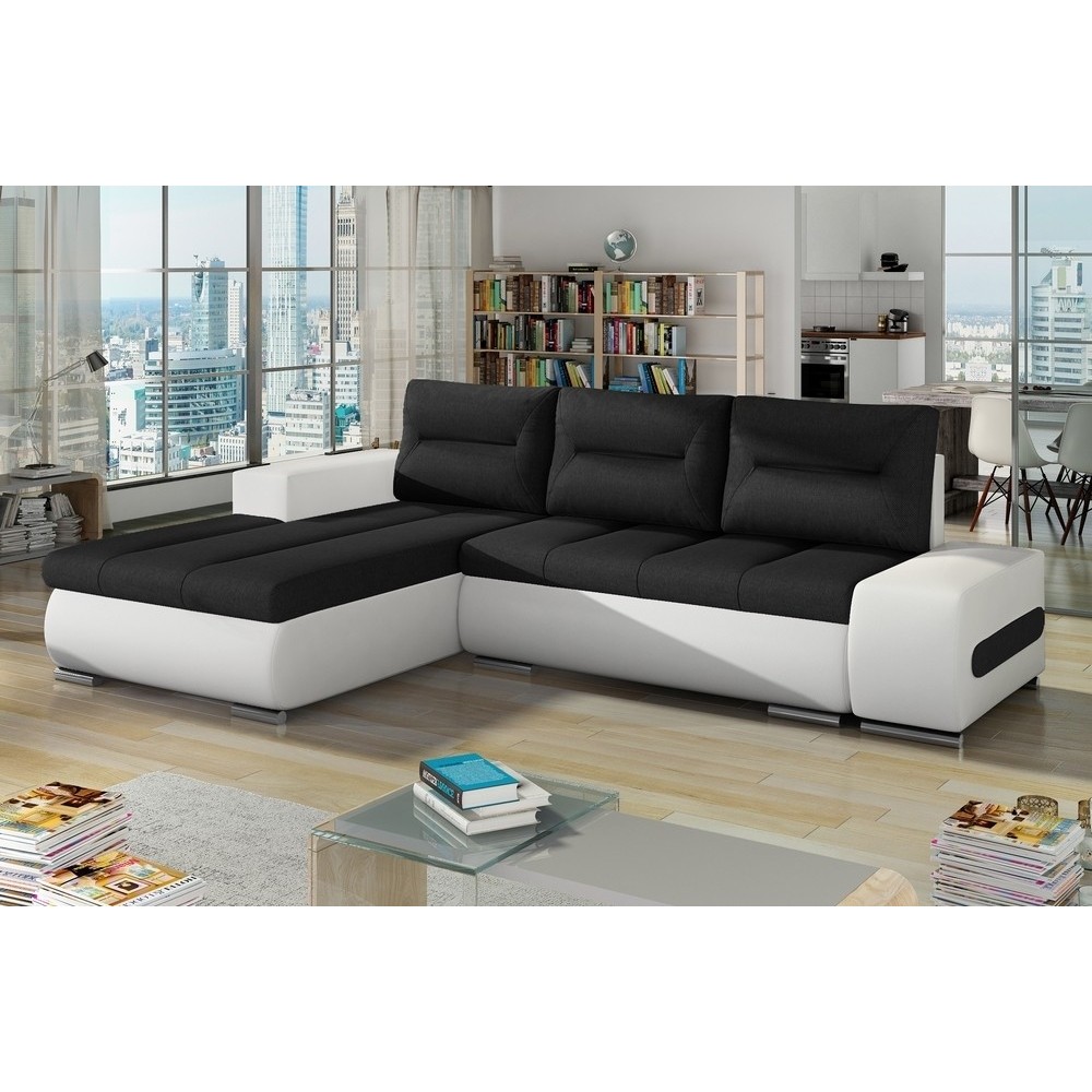 Canapé d'angle convertible en tissu luxe noir et simili cuir blanc, 5 places, angle gauche (vu de face) - OTELLO Canapé d'angle convertible en tissu luxe noir et simili cuir blanc, 5 places, angle gauche (vu de face) - OTELLO