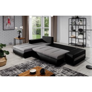 Canapé d'angle convertible en tissu luxe noir et simili cuir blanc, 5 places, angle gauche (vu de face) - OTELLO