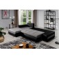 Canapé d'angle convertible en tissu luxe noir et simili cuir blanc, 5 places, angle gauche (vu de face) - OTELLO Canapé d'angle convertible en tissu luxe noir et simili cuir blanc, 5 places, angle gauche (vu de face) - OTELLO