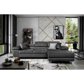 Canapé d'angle convertible ARMEL en tissu velours luxe 5 places, gris anthracite, avec coffre, angle droit (vu de face)